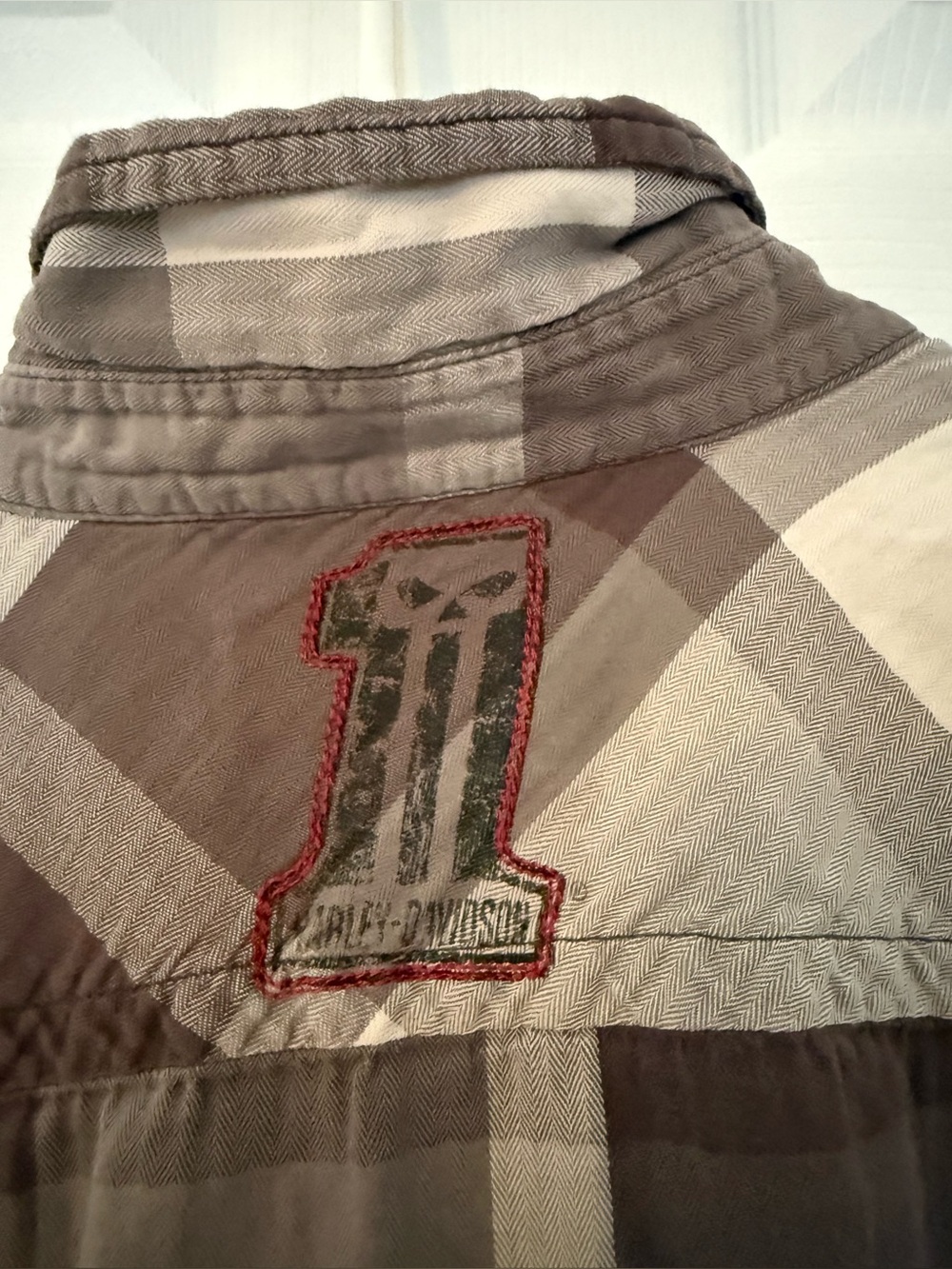 Harley Davidson #1 Skull Gray Plaid Long Sleeve Snap Down Shirt - L